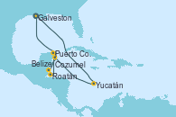 Visitando Galveston (Texas), Yucatán (Progreso/México), Cozumel (México), Belize (Caribe), Roatán (Honduras), Puerto Costa Maya (México), Galveston (Texas)