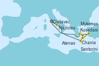 Visitando Civitavecchia (Roma), Nápoles (Italia), Atenas (Grecia), Kusadasi (Efeso/Turquía), Santorini (Grecia), Mykonos (Grecia), Chania (Creta/Grecia), Civitavecchia (Roma)