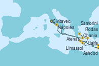 Visitando Civitavecchia (Roma), Chania (Creta/Grecia), Haifa (Israel), Ashdod (Israel), Limassol (Chipre), Rodas (Grecia), Atenas (Grecia), Santorini (Grecia), Nápoles (Italia), Civitavecchia (Roma)