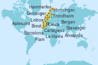Visitando Barcelona, Cartagena (Murcia), Ceuta (España), Lisboa (Portugal), Brest (Francia), Le Havre (Francia), Ámsterdam (Holanda), Stavanger (Noruega), Flam (Noruega), Aalesund (Noruega), Trondheim (Noruega), Hammerfest (Noruega), Honningsvag (Noruega), Geiranger (Noruega), Bergen (Noruega), Ámsterdam (Holanda)