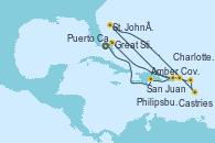 Visitando Puerto Cañaveral (Florida), Amber Cove (República Dominicana), Charlotte Amalie (St. Thomas), St. John´s (Antigua y Barbuda), Castries (Santa Lucía/Caribe), Philipsburg (St. Maarten), San Juan (Puerto Rico), Great Stirrup Cay (Bahamas), Puerto Cañaveral (Florida)