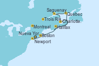 Visitando Nueva York (Estados Unidos), Newport (Rhode Island), Boston (Massachusetts), Halifax (Canadá), Halifax (Canadá), Charlottetown (Canadá), Saguenay (Canadá), Quebec (Canadá), Trois Rivieres (Canada), Montreal (Canadá)