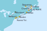Visitando Montreal (Canadá), Quebec (Canadá), Saguenay (Canadá), Cap Aux Meules (Canadá), Charlottetown (Canadá), Halifax (Canadá), Halifax (Canadá), Boston (Massachusetts), Newport (Rhode Island), Nueva York (Estados Unidos)