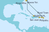 Visitando Nueva York (Estados Unidos), Kings Wharf (Bermudas), Philipsburg (St. Maarten), Road Town (Isla Tórtola/Islas Vírgenes), San Juan (Puerto Rico), Puerto Plata, Republica Dominicana, Nueva York (Estados Unidos)