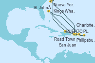 Visitando Nueva York (Estados Unidos), Kings Wharf (Bermudas), Road Town (Isla Tórtola/Islas Vírgenes), Philipsburg (St. Maarten), St. John´s (Antigua y Barbuda), Charlotte Amalie (St. Thomas), San Juan (Puerto Rico), Puerto Plata, Republica Dominicana, Nueva York (Estados Unidos)
