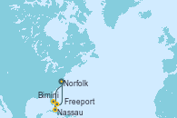 Visitando Norfolk (Virginia/EEUU), Nassau (Bahamas), Bimini (Bahamas), Freeport (Bahamas), Norfolk (Virginia/EEUU)