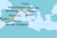 Visitando Lisboa (Portugal), Puerto Leixões (Portugal), Gibraltar (Inglaterra), Málaga, Cartagena (Murcia), Valencia, Barcelona, Palamos (Gerona/España), Toulon (Francia), Ajaccio (Córcega), Portoferraio (Italia), Porto Venere (Italia), Barcelona