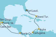 Visitando Fort Lauderdale (Florida/EEUU), Grand Turks(Turks & Caicos), Aruba (Antillas), Cartagena de Indias (Colombia), Puerto Caldera (Costa Rica), Puerto Vallarta (México), Cabo San Lucas (México), San Diego (California/EEUU)