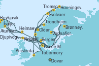 Visitando Dover (Inglaterra), Isla de Mann (Reino Unido), Tobermory (Escocia), Djupivogur (Islandia), Heimaey (Islas Westmann/Islandia), Reykjavik (Islandia), Ísafjörður (Islandia), Akureyri (Islandia), Vopnafjorour (Islandia), Kirkwall (Escocia), Dover (Inglaterra), Trondheim (Noruega), Brønnøysund (Noruega), Svolvaer (Lofoten/Noruega), Tromso (Noruega), Honningsvag (Noruega), Olden (Noruega), Bergen (Noruega), Ámsterdam (Holanda), Dover (Inglaterra)