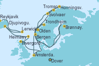 Visitando Dover (Inglaterra), Trondheim (Noruega), Brønnøysund (Noruega), Svolvaer (Lofoten/Noruega), Tromso (Noruega), Honningsvag (Noruega), Olden (Noruega), Bergen (Noruega), Ámsterdam (Holanda), Dover (Inglaterra), Invergordon (Escocia), Lerwick (Escocia), Djupivogur (Islandia), Heimaey (Islas Westmann/Islandia), Reykjavik (Islandia)