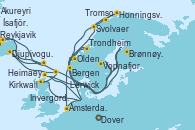 Visitando Dover (Inglaterra), Trondheim (Noruega), Brønnøysund (Noruega), Svolvaer (Lofoten/Noruega), Tromso (Noruega), Honningsvag (Noruega), Olden (Noruega), Bergen (Noruega), Ámsterdam (Holanda), Dover (Inglaterra), Invergordon (Escocia), Lerwick (Escocia), Djupivogur (Islandia), Heimaey (Islas Westmann/Islandia), Reykjavik (Islandia), Ísafjörður (Islandia), Akureyri (Islandia), Vopnafjorour (Islandia), Kirkwall (Escocia), Dover (Inglaterra)