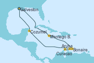 Visitando Galveston (Texas), Montego Bay (Jamaica), Bonaire (Países Bajos), Aruba (Antillas), Curacao (Antillas), Cozumel (México), Galveston (Texas)