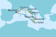 Visitando Barcelona, La Valletta (Malta), Messina (Sicilia), Nápoles (Italia), Civitavecchia (Roma), Livorno, Pisa y Florencia (Italia), Toulon (Francia), Barcelona