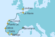 Visitando Barcelona, Málaga, Cádiz (España), Lisboa (Portugal), Puerto Leixões (Portugal), La Coruña (Galicia/España), Le Havre (Francia), Londres (Reino Unido)