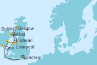 Visitando Londres (Reino Unido), Holyhead (Gales/Reino Unido), Glasgow (Escocia), Belfast (Irlanda), Liverpool (Reino Unido), Dublin (Irlanda), Cork (Irlanda), Londres (Reino Unido)