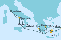 Visitando Civitavecchia (Roma), Kusadasi (Efeso/Turquía), Mykonos (Grecia), Santorini (Grecia), Atenas (Grecia), Katakolon (Olimpia/Grecia), Messina (Sicilia), Nápoles (Italia), Civitavecchia (Roma)