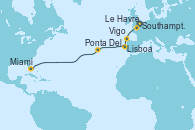 Visitando Southampton (Inglaterra), Le Havre (Francia), Vigo (España), Lisboa (Portugal), Ponta Delgada (Azores), Miami (Florida/EEUU)