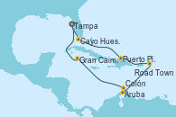 Visitando Tampa (Florida), Cayo Hueso (Key West/Florida), Puerto Plata, Republica Dominicana, Road Town (Isla Tórtola/Islas Vírgenes), Aruba (Antillas), Colón, Gran Caimán (Islas Caimán), Tampa (Florida)