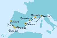 Visitando Málaga, Cádiz (España), Lisboa (Portugal), Gibraltar (Inglaterra), Valencia, Savona (Italia), Marsella (Francia), Barcelona