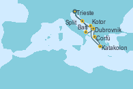 Visitando Trieste (Italia), Bari (Italia), Dubrovnik (Croacia), Corfú (Grecia), Katakolon (Olimpia/Grecia), Kotor (Montenegro), Split (Croacia), Trieste (Italia)