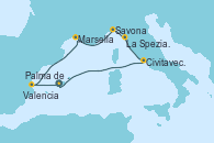Visitando Palma de Mallorca (España), Valencia, Marsella (Francia), Savona (Italia), La Spezia, Florencia y Pisa (Italia), Civitavecchia (Roma), Palma de Mallorca (España)