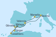 Visitando Málaga, Tánger (Marruecos), Casablanca (Marruecos), Gibraltar (Inglaterra), Valencia, Savona (Italia), Marsella (Francia), Málaga