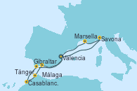 Visitando Valencia, Savona (Italia), Marsella (Francia), Gibraltar (Inglaterra), Casablanca (Marruecos), Tánger (Marruecos), Málaga, Valencia