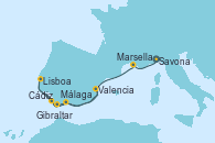 Visitando Savona (Italia), Marsella (Francia), Málaga, Cádiz (España), Lisboa (Portugal), Gibraltar (Inglaterra), Valencia