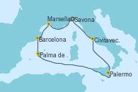 Visitando Savona (Italia), Marsella (Francia), Barcelona, Palma de Mallorca (España), Palermo (Italia), Civitavecchia (Roma), Savona (Italia)