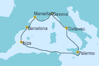 Visitando Savona (Italia), Marsella (Francia), Barcelona, Ibiza (España), Palermo (Italia), Civitavecchia (Roma), Savona (Italia)