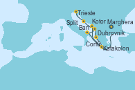 Visitando Marghera (Venecia/Italia), Bari (Italia), Dubrovnik (Croacia), Corfú (Grecia), Katakolon (Olimpia/Grecia), Kotor (Montenegro), Split (Croacia), Trieste (Italia)
