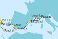 Visitando Savona (Italia), Málaga, Funchal (Madeira), Ponta Delgada (Azores), Praia da Vittoria (Azores), Cádiz (España), Barcelona, Marsella (Francia), Savona (Italia)
