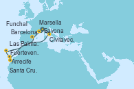 Visitando Savona (Italia), Civitavecchia (Roma), Arrecife (Lanzarote/España), Fuerteventura (Canarias/España), Las Palmas de Gran Canaria (España), Santa Cruz de Tenerife (España), Funchal (Madeira), Barcelona, Marsella (Francia), Savona (Italia)