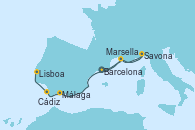 Visitando Barcelona, Marsella (Francia), Savona (Italia), Marsella (Francia), Málaga, Cádiz (España), Lisboa (Portugal)