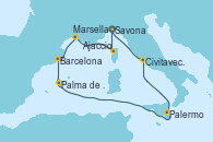 Visitando Savona (Italia), Ajaccio (Córcega), Marsella (Francia), Barcelona, Palma de Mallorca (España), Palermo (Italia), Civitavecchia (Roma), Savona (Italia)