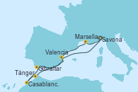 Visitando Savona (Italia), Marsella (Francia), Tánger (Marruecos), Casablanca (Marruecos), Gibraltar (Inglaterra), Valencia, Savona (Italia)