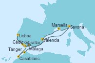 Visitando Málaga, Cádiz (España), Lisboa (Portugal), Lisboa (Portugal), Gibraltar (Inglaterra), Valencia, Savona (Italia), Marsella (Francia), Tánger (Marruecos), Casablanca (Marruecos), Gibraltar (Inglaterra)