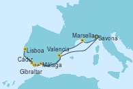 Visitando Savona (Italia), Marsella (Francia), Málaga, Cádiz (España), Lisboa (Portugal), Gibraltar (Inglaterra), Valencia, Savona (Italia)