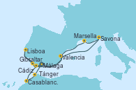 Visitando Málaga, Cádiz (España), Lisboa (Portugal), Gibraltar (Inglaterra), Valencia, Savona (Italia), Marsella (Francia), Gibraltar (Inglaterra), Casablanca (Marruecos), Tánger (Marruecos), Málaga