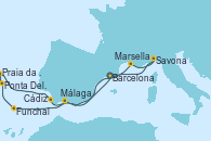 Visitando Barcelona, Marsella (Francia), Savona (Italia), Málaga, Funchal (Madeira), Ponta Delgada (Azores), Praia da Vittoria (Azores), Cádiz (España), Barcelona