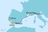 Visitando Savona (Italia), Marsella (Francia), Málaga, Cádiz (España), Lisboa (Portugal)