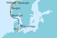 Visitando Copenhague (Dinamarca), Bergen (Noruega), Hellesylt (Noruega), Geiranger (Noruega), Stavanger (Noruega), Kiel (Alemania), Copenhague (Dinamarca)