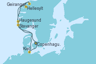 Visitando Copenhague (Dinamarca), Hellesylt (Noruega), Geiranger (Noruega), Stavanger (Noruega), Haugesund (Noruega), Kiel (Alemania), Copenhague (Dinamarca)
