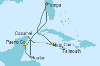Visitando Tampa (Florida), Gran Caimán (Islas Caimán), Falmouth (Jamaica), Cozumel (México), Roatán (Honduras), Puerto Costa Maya (México), Tampa (Florida)