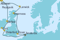 Visitando Ámsterdam (Holanda), Dover (Inglaterra), Inverness (Escocia), Lerwick (Escocia), Akureyri (Islandia), Akureyri (Islandia), Reykjavik (Islandia), Reykjavik (Islandia), Belfast (Irlanda), Cork (Irlanda), Waterford (Irlanda), Ámsterdam (Holanda)