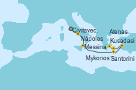 Visitando Civitavecchia (Roma), Nápoles (Italia), Messina (Sicilia), Santorini (Grecia), Kusadasi (Efeso/Turquía), Mykonos (Grecia), Atenas (Grecia)
