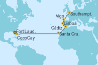 Visitando Fort Lauderdale (Florida/EEUU), CocoCay (Bahamas), Santa Cruz de Tenerife (España), Cádiz (España), Lisboa (Portugal), Vigo (España), Southampton (Inglaterra)