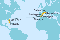 Visitando Barcelona, Palma de Mallorca (España), Valencia, Cartagena (Murcia), Málaga, Nassau (Bahamas), Fort Lauderdale (Florida/EEUU)