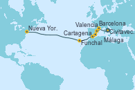 Visitando Civitavecchia (Roma), Barcelona, Valencia, Cartagena (Murcia), Málaga, Funchal (Madeira), Nueva York (Estados Unidos)