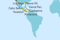 Visitando Los Ángeles (California), Cabo San Lucas (México), Huatulco (México), Puntarenas (Costa Rica), Canal Panamá, Cartagena de Indias (Colombia), Nueva Orleans (Luisiana)